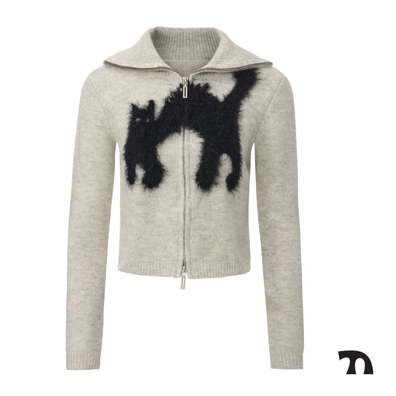 Frizzy cat zip knit
