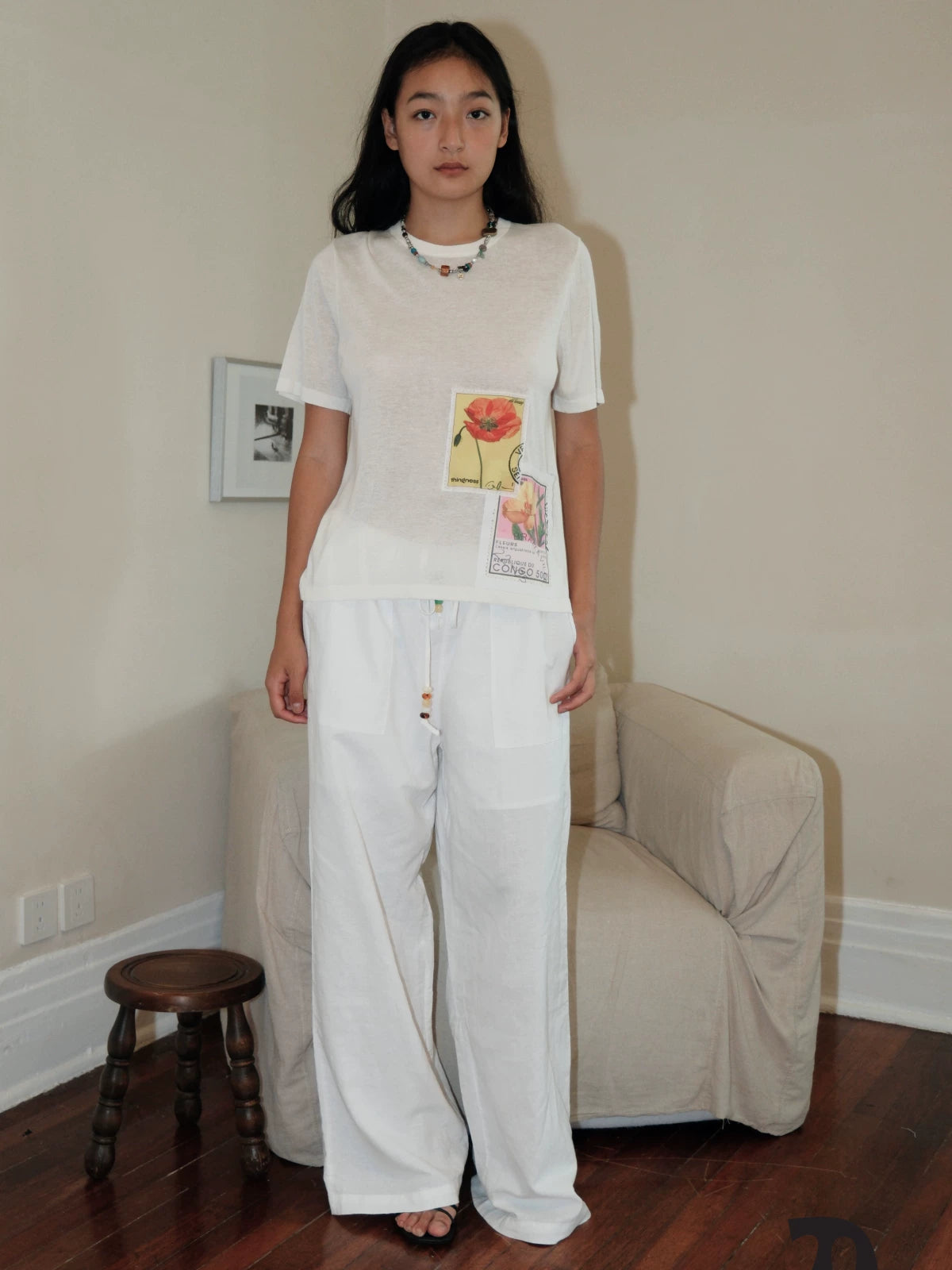 Stamp flower linen tee