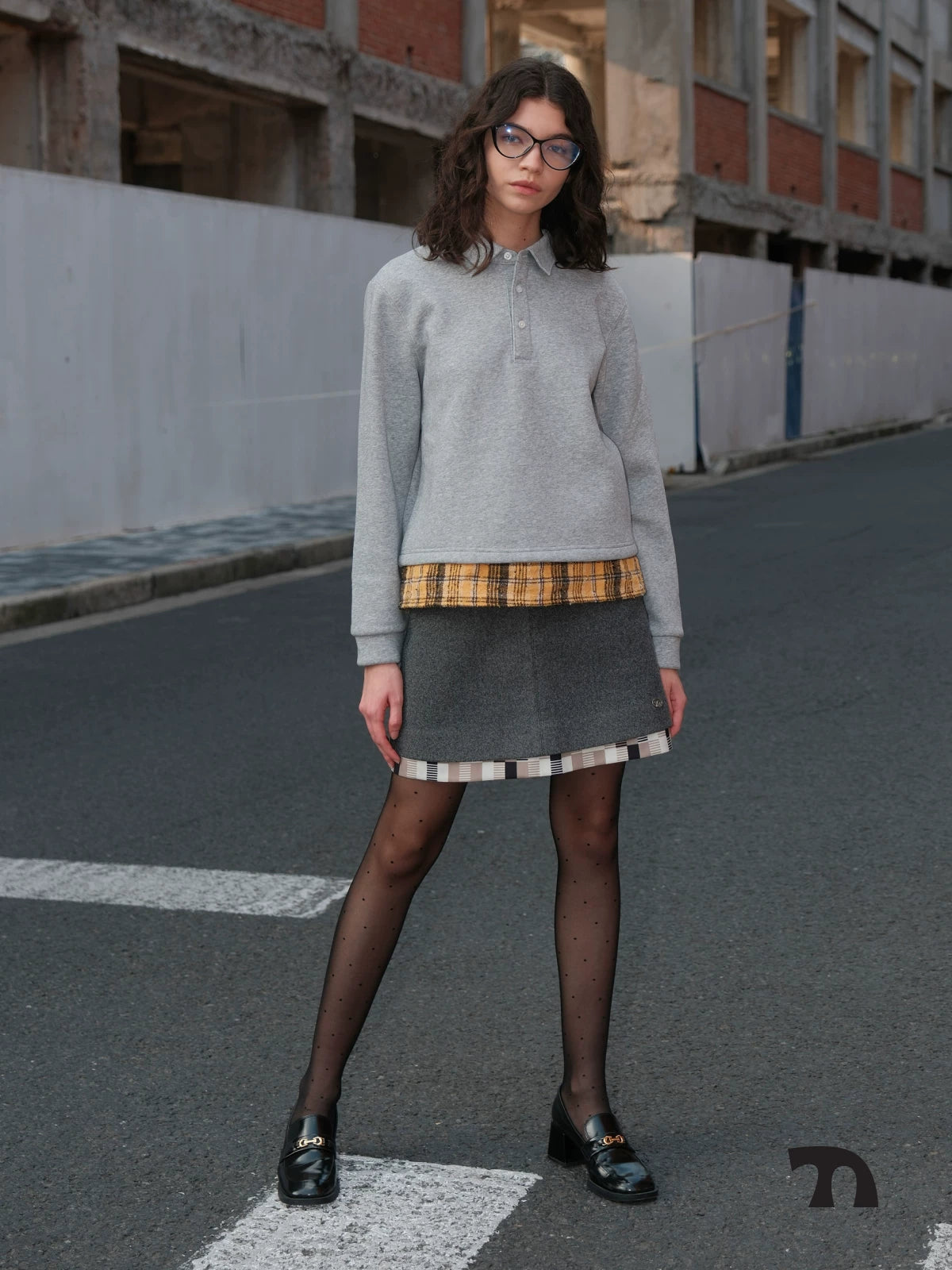 Grey wool check A-line skirt