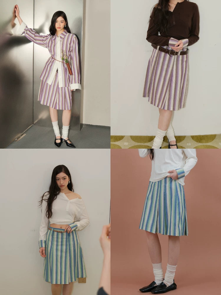 Gradient stripe pleated skirt