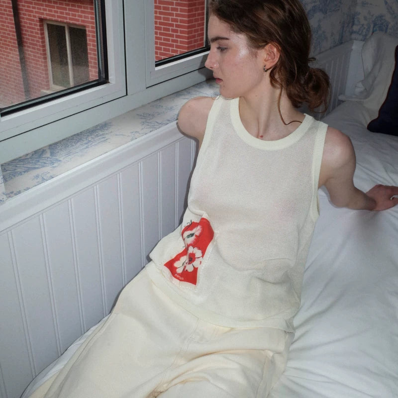 Stamp flower linen vest