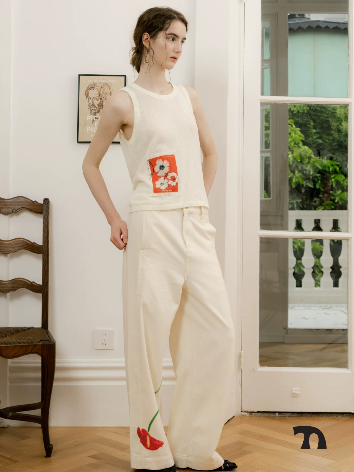 Stamp flower linen vest
